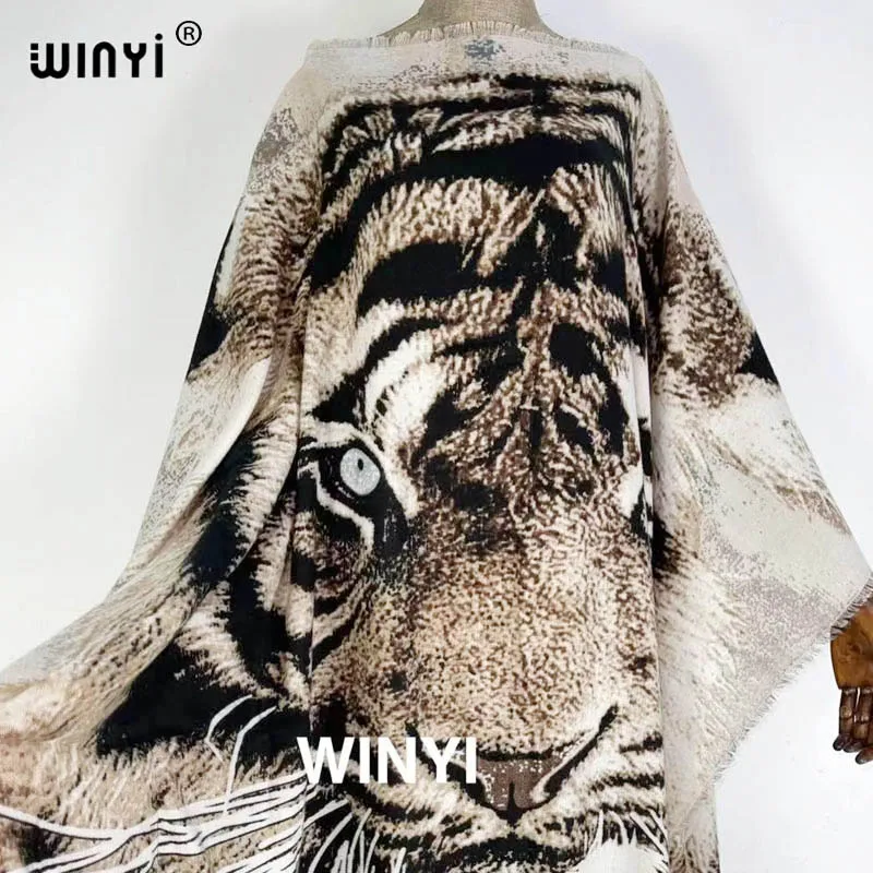 Fall 2021 Middle East Dubai Clothing Female Cashmere Sexy Casual Tiger Head Printed Dress Winter Maxi Bohemia Elegant Dress