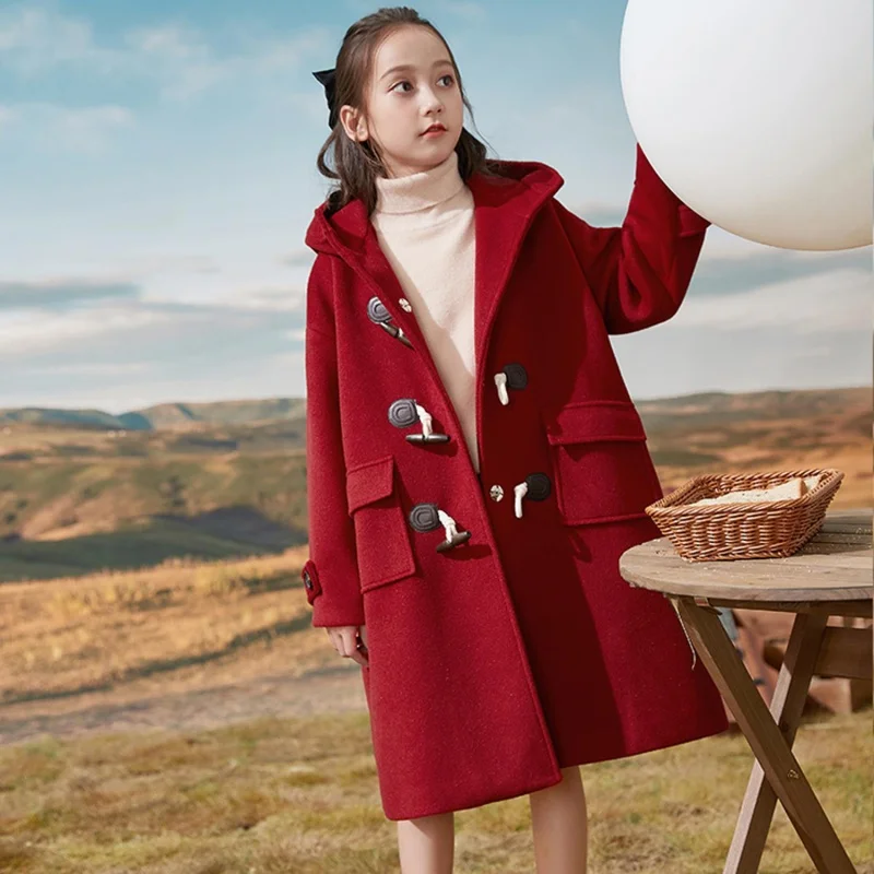 

Red Hooded Winter Spring Children Coat Baby Girls Clothes Warm Thicken Jackets Lambswool Toddler Buttons Pocket Outwear Kids