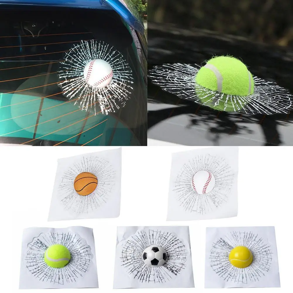 Car Stickers 3D Baseball Football Tennis Ball Hits Car Body Auto Window Decals DIY Car Styling Car Simulation Broken Decoration