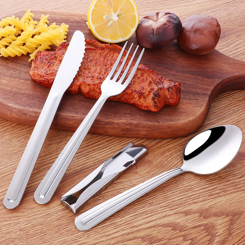 4-in-1 Portable stainless steel Cutlery Set silverware Camping Spoon Fork Knife and Can/Bottle Opener Military Camping Utensils