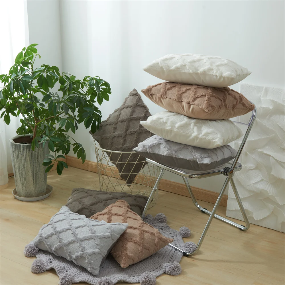 3D Plush Embroidered Cushion Cover Geometric Rattan Decorative Pillow Case Nordic Soft Sofa Throw Pillow Covers Home Fall Decor