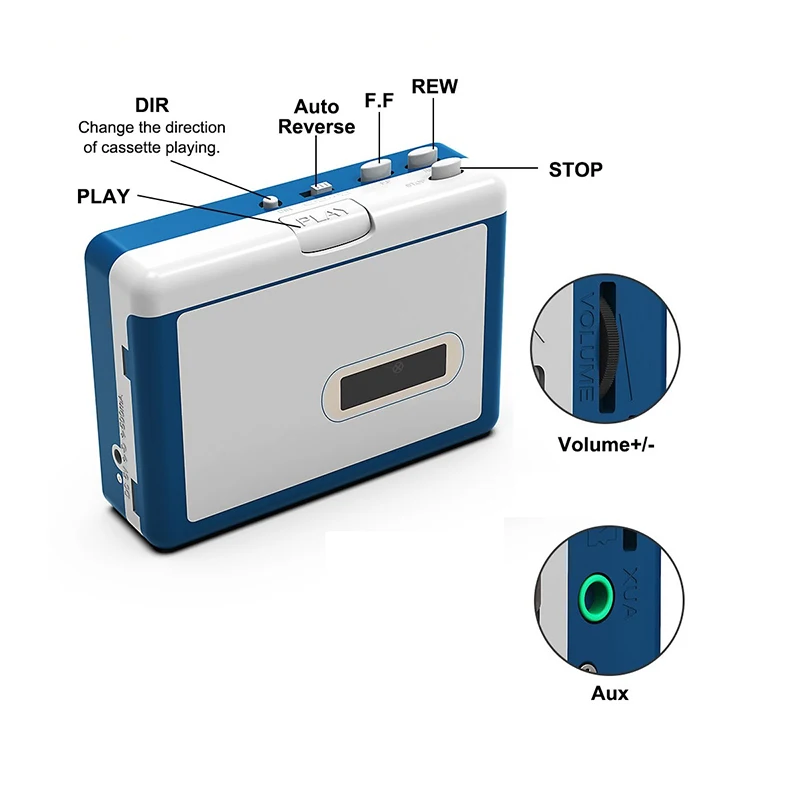 Reproductor de casetes Bluetooth, reproductor de cinta de casete portátil, salida Bluetooth para auriculares/altavoz