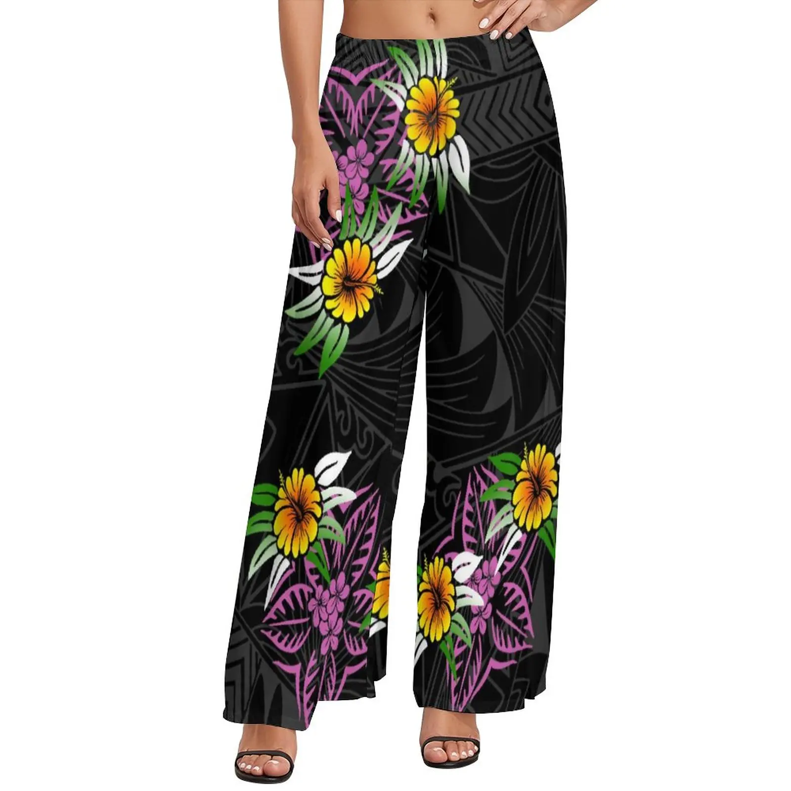 

Custom Made Floral Chiffon Cropped Pants Black Background With Stripe Prints Custom Temperament Women's Wide Leg Pants