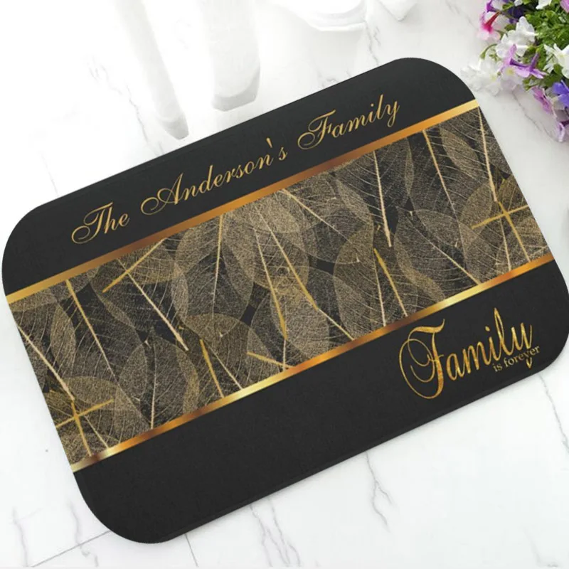 

Luxurious Black Gold Leaves Golden Lines Welcome Doormat for Front Door Modern Custom Family Forever Bathroom Kitchen Rug Carpet