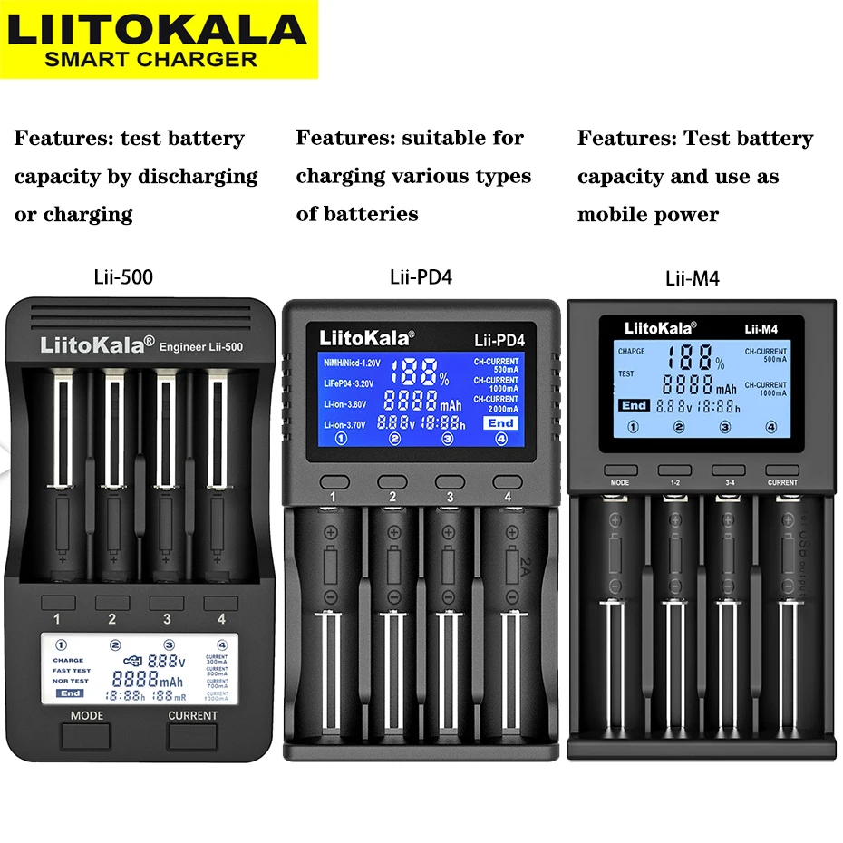 LiitoKala Lii-500 Lii-PD4 Lii-M4 18650 ładowarka wyświetlacz LCD uniwersalna inteligentna ładowarka pojemność testowa dla 26650 18650 21700 AA AAA