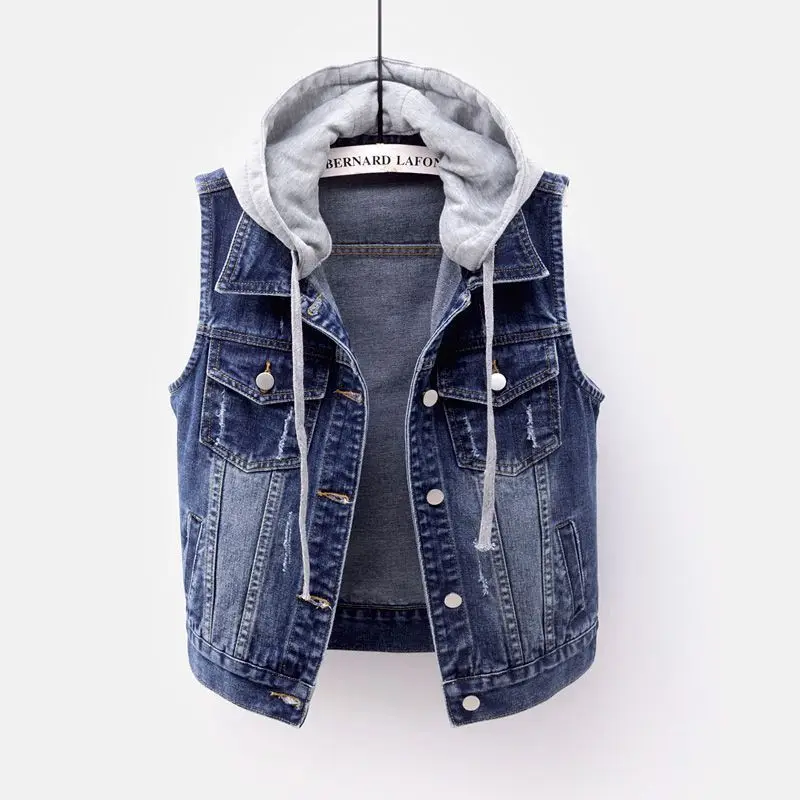 

Vintage Blue Removable Hooded Denim Vest Women Casual Slim Sleeveless Jacket Coat Casual Short Jeans Vests Female Waistcoat