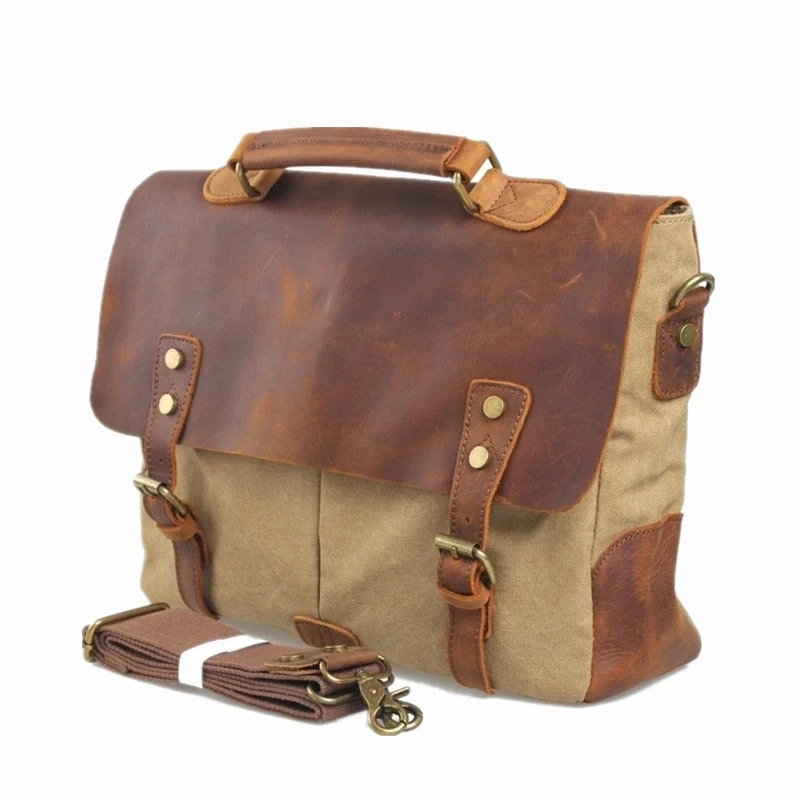 Men's Canvas Leather Briefcase Bag Handbag Vintage Casual Shoulder Messenger Bag Satchel Large Quality Business Laptop Bag 14"