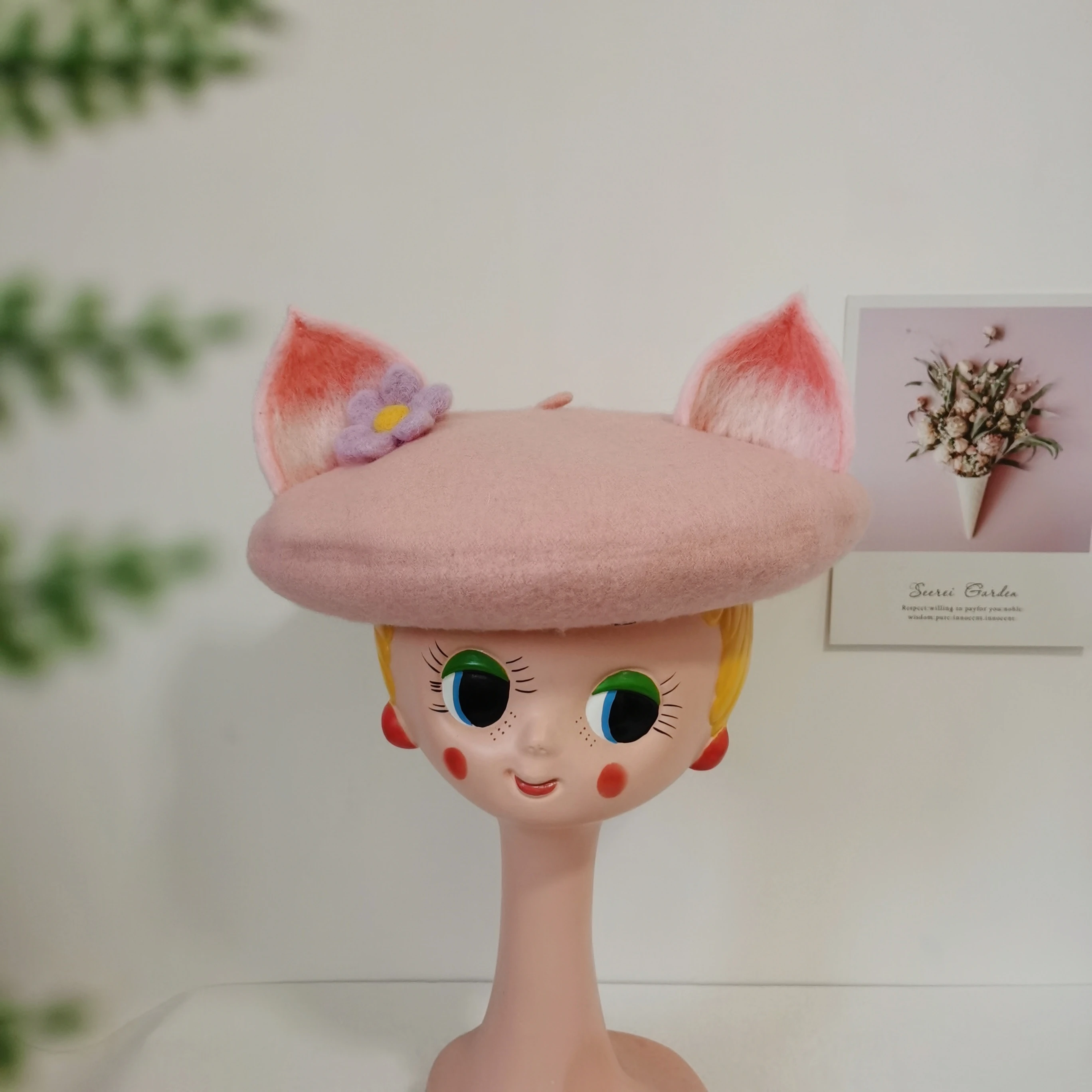 

Fox ears wool beret women handmade DIY making cute painter hat parent-child autumn and winter woolen pumpkin hat