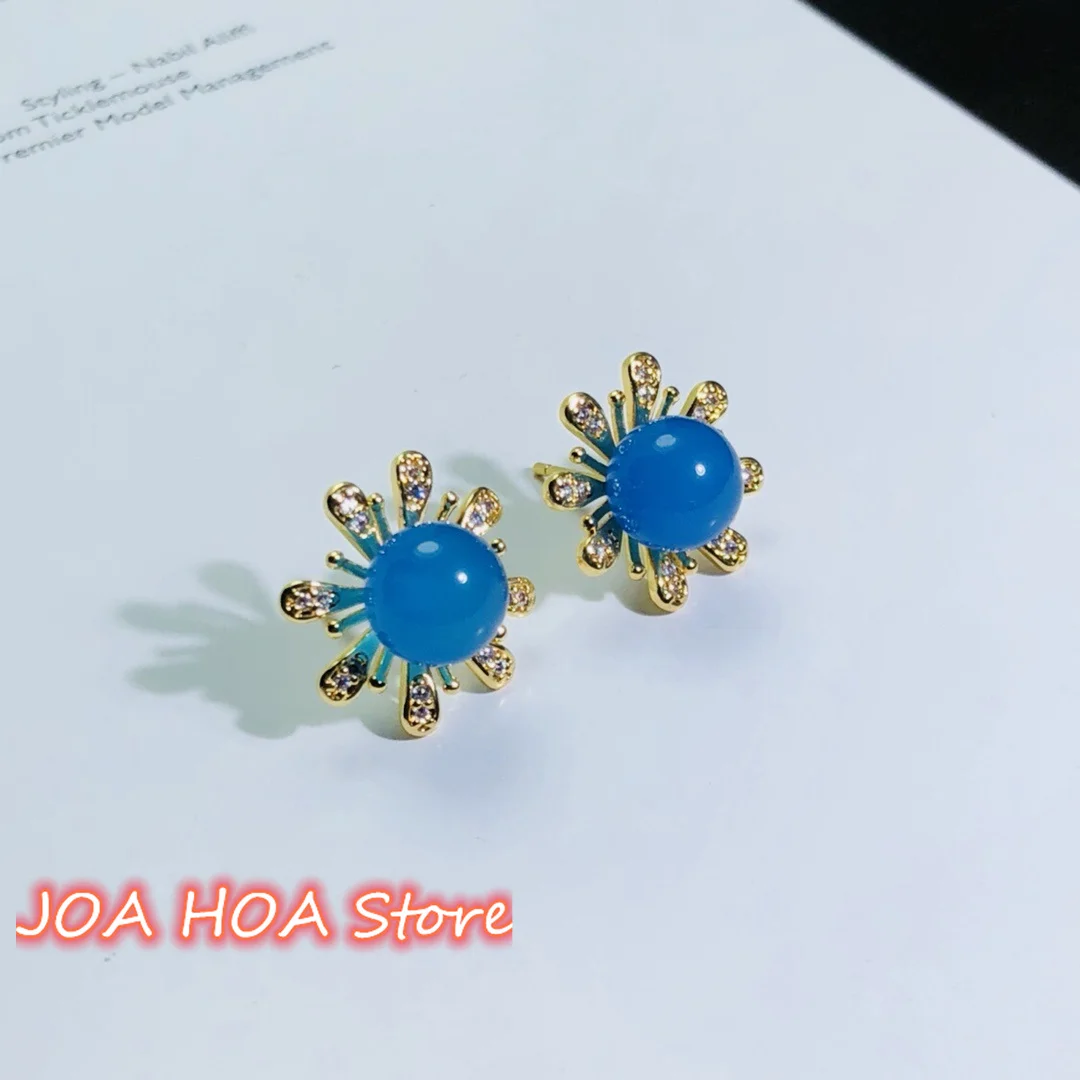 

Sunflower Style High Quality Ear Studs 925 Silver With Gold Plated Inlay Natural Chalcedony Agate Jade Earrings Fine Jewelry