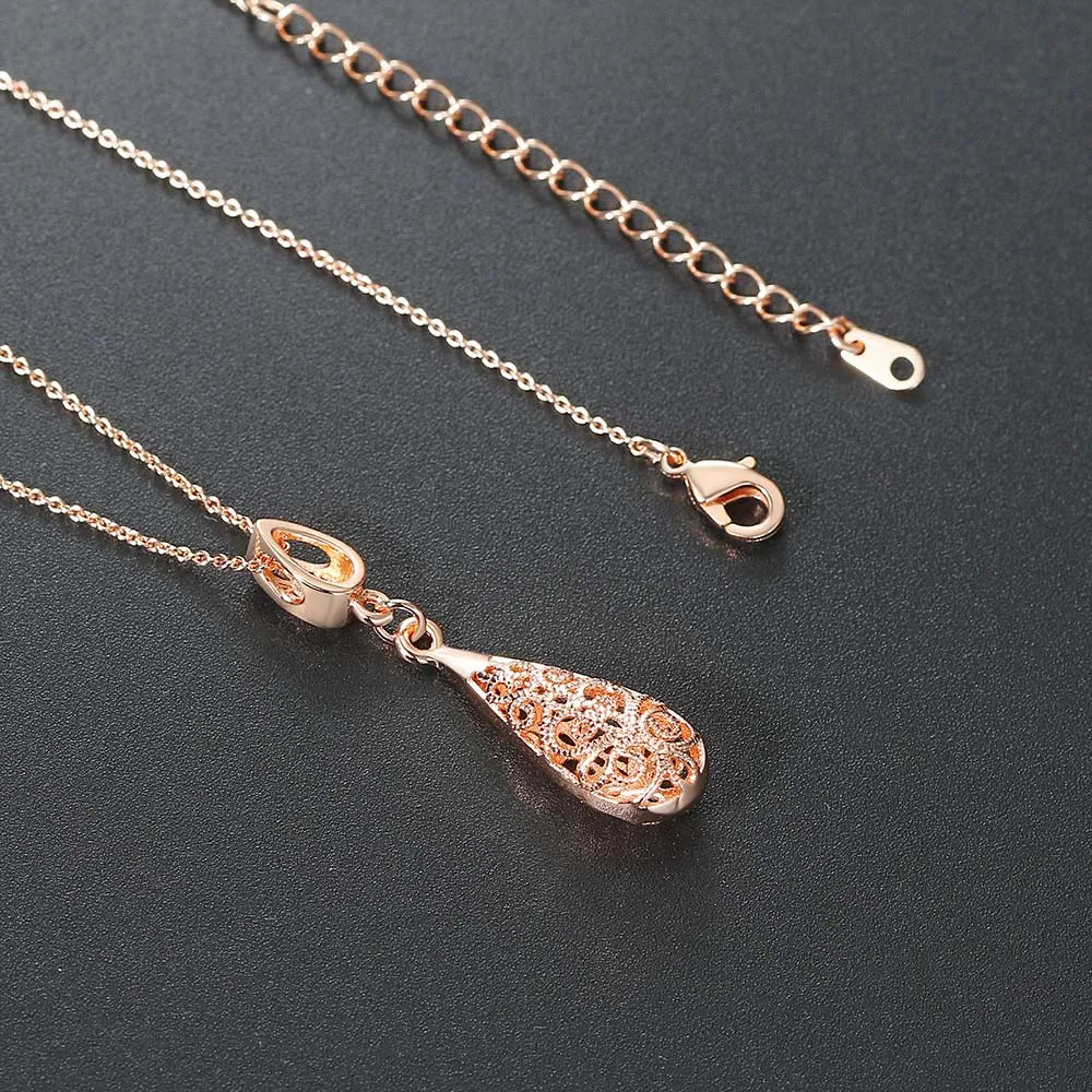 Classical Style Vintage Chain Pendant Necklaces Hollow Out Water Drop White Rose Gold Color Party Gift Jewelry For Women DWN583M