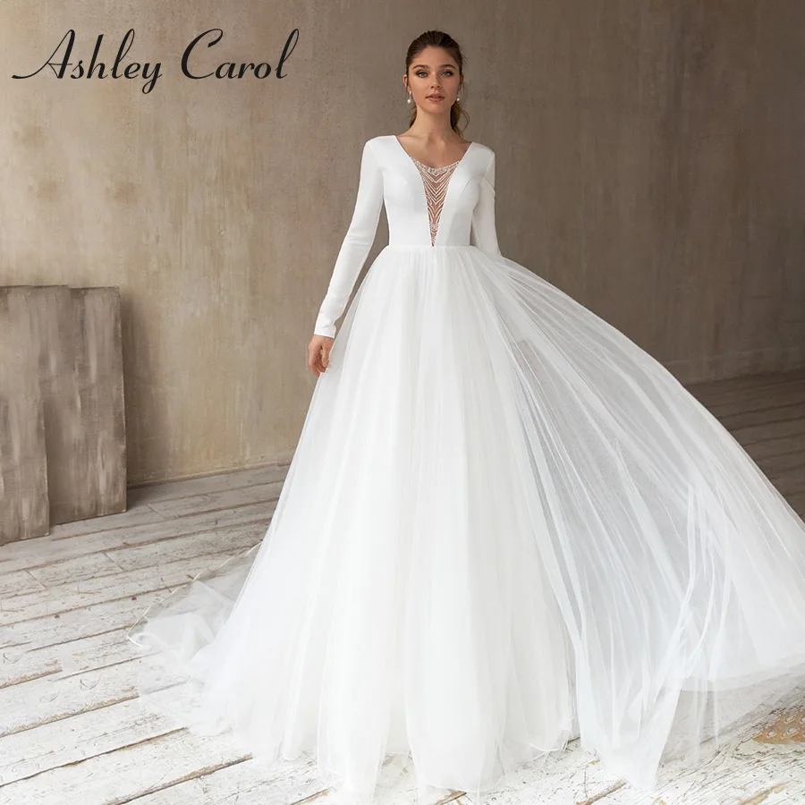 أشلي كارول وصول جديد الخامس الرقبة العروس الساتان كم طويل الأميرة ذيل شابيل ثوب الزفاف Vestidos De Novia