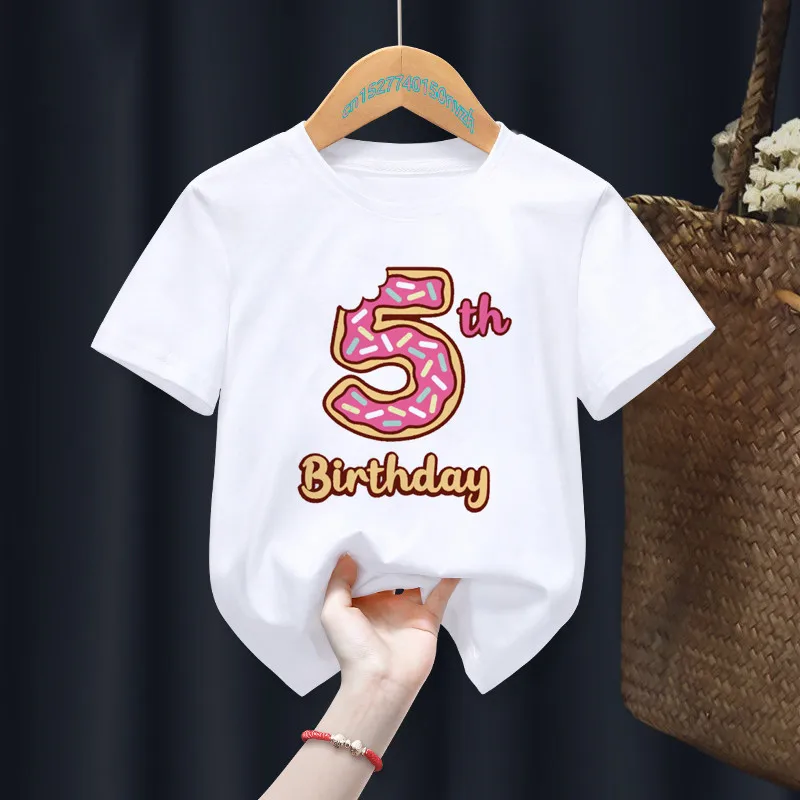 Donuts Birthday 1-8TH Print Boys/Girls White T-shirt Kid Summer Harajuku Kawaii Funny Clothes Little Baby Y2K Clothes,Drop Ship