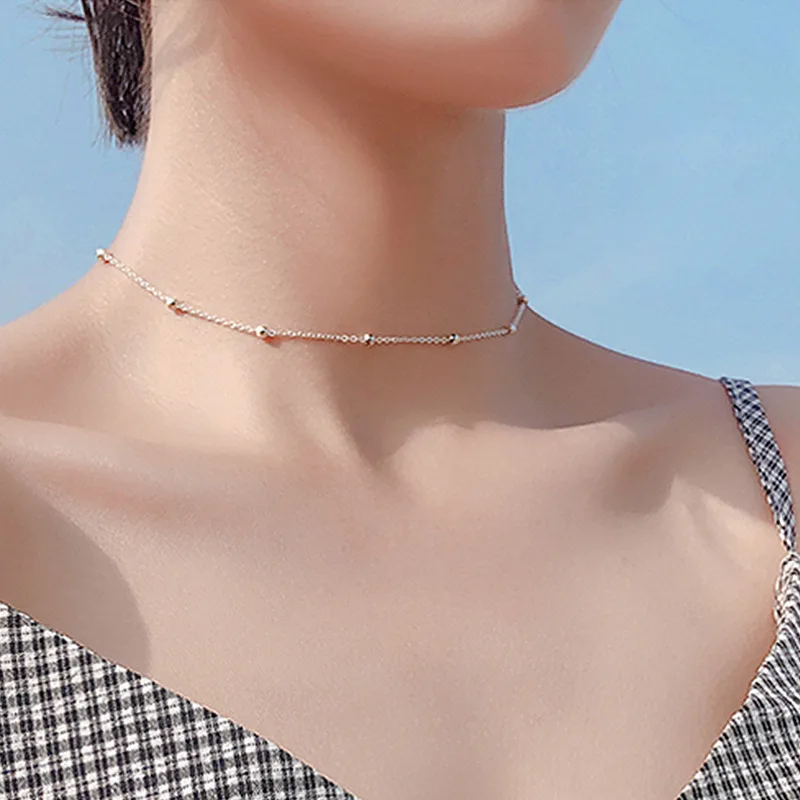 Cute Fashion Choker Necklaces Bead Chains Heart Rate Pendant Necklace for Women Short Chain Silver Color Collar Jewelry