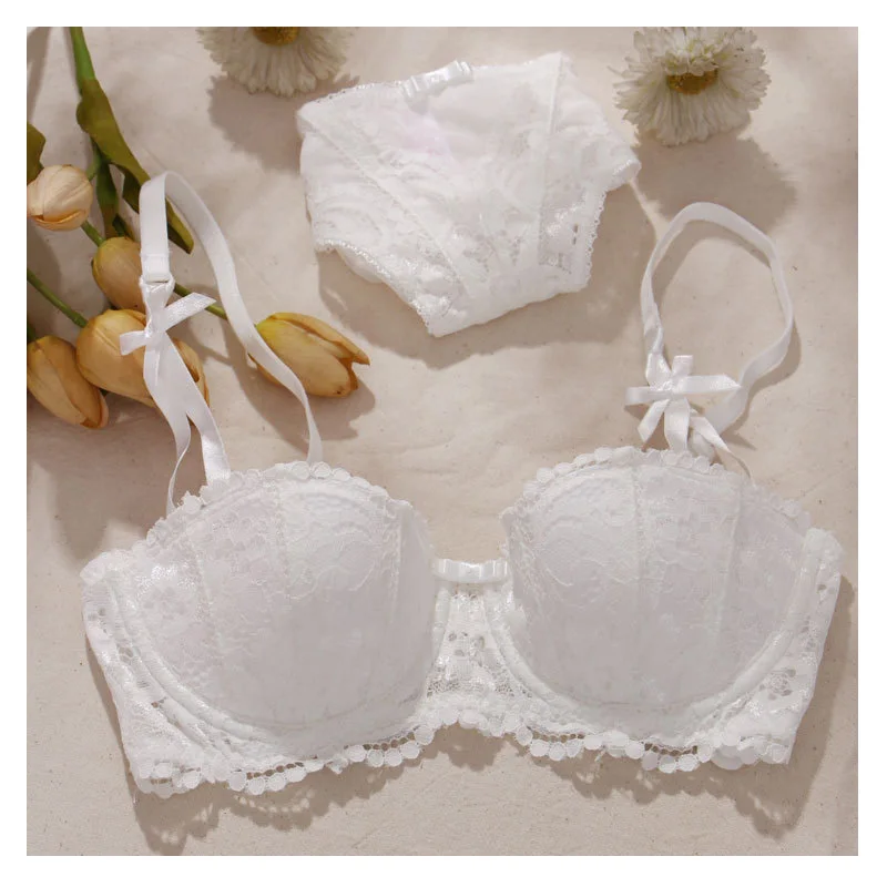 3pcs/ Set Women's  Underwear Set Lingerie Plus Size E Cup Demi Half Cup Bow Decoration Bra+Panties+Garter