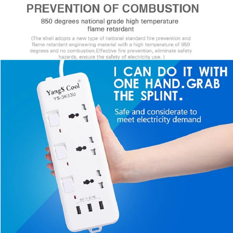 Power Strip,Universal Way AC Outlets Plug,3 USB Ports Individually Switched Extension Socket,1.5/3/5M AU EU UK US Israel PLUG