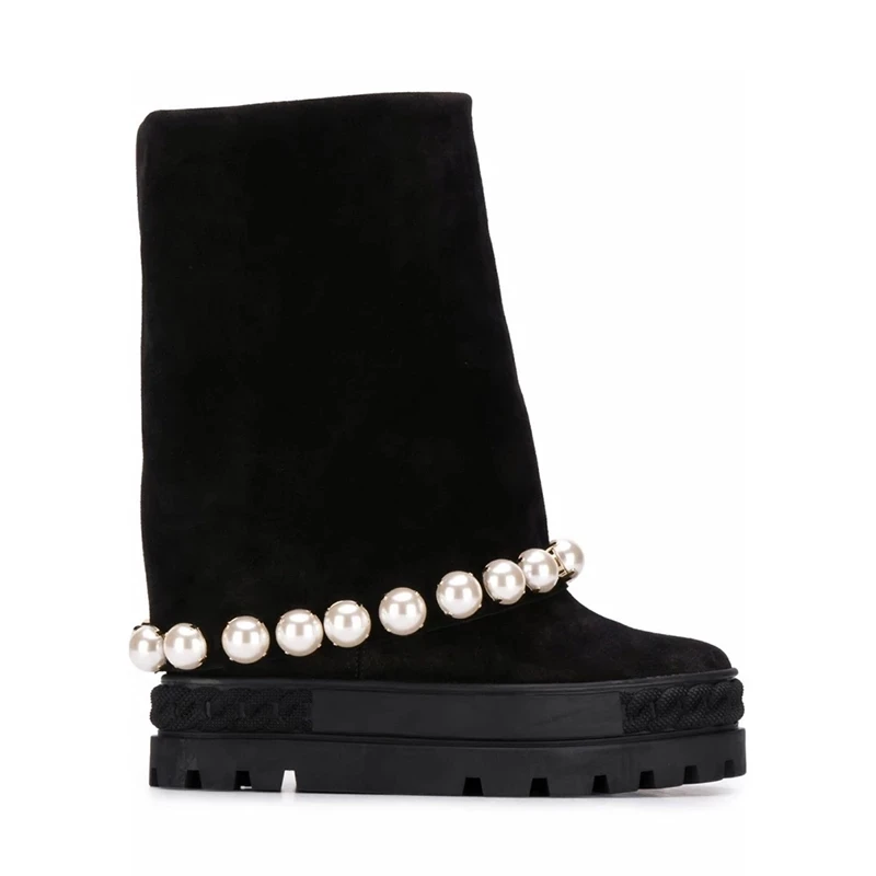 

Roman Pearl Studded Inner Increased Wedge Boots Thick Platform Sole Suede Beading Rivets Slip On Mid Calf Boots Women