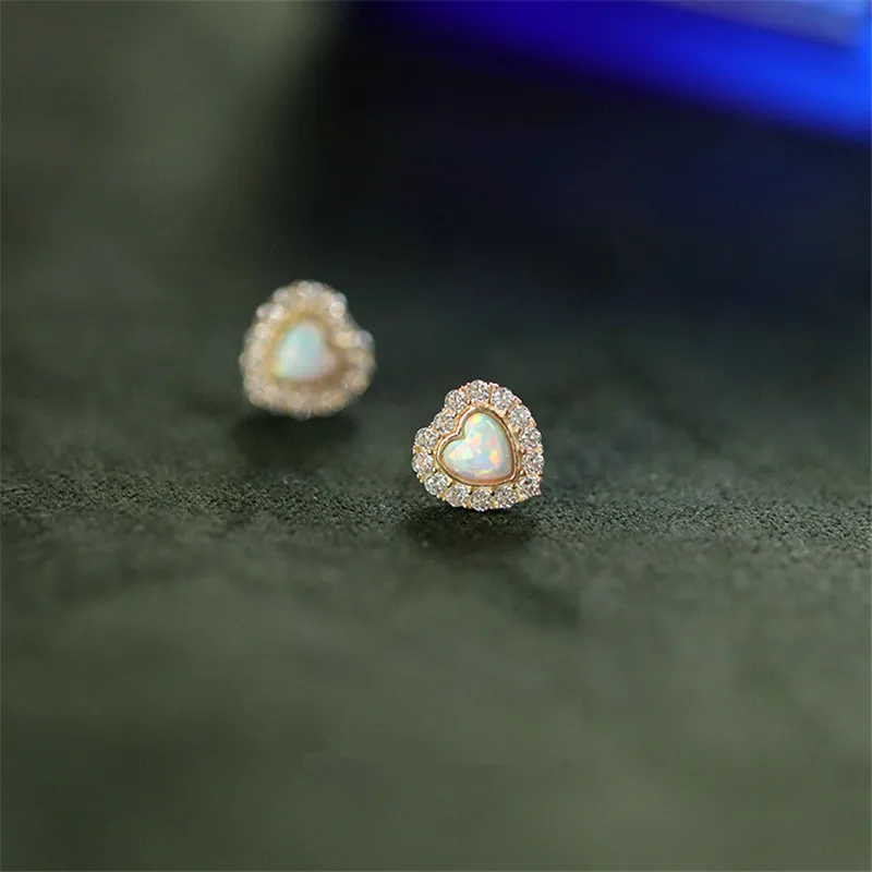 925 Sterling Silver French Opal Stone Heart Kolczyki sztyfty dla kobiet Pavé Zircon Light Luksusowy ślub 14-karatowe złocenie — zdjęcie 3