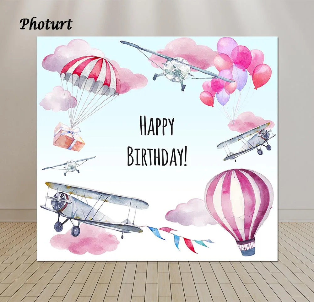 PHOTURT Aircraft Hot Balloon Photography Background Pink Cloud Vinyl Backdrop Children's Birthday Photography Props