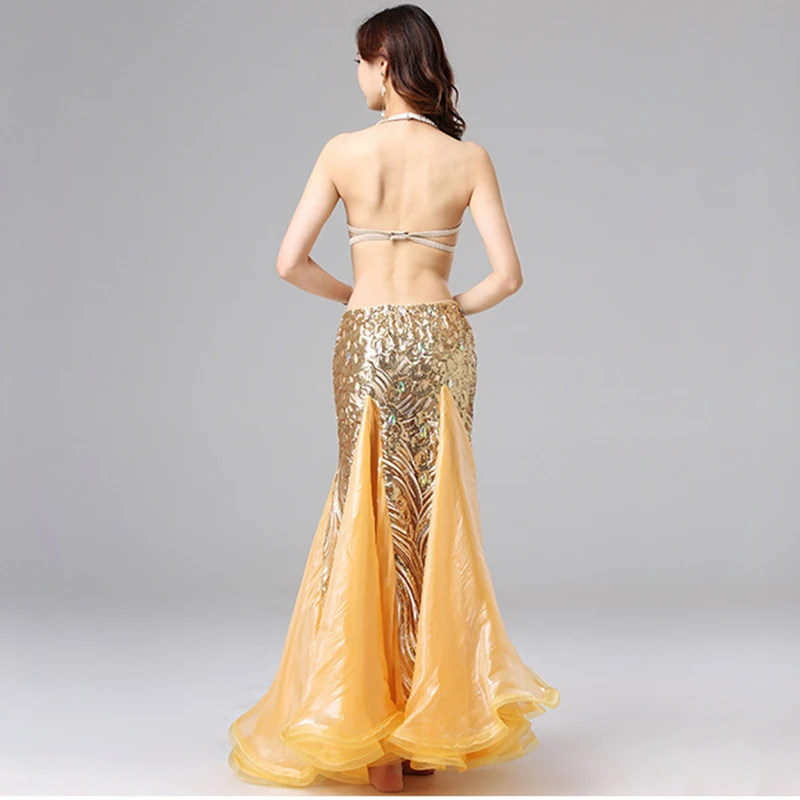 Women Dance Performance Beaded Outfit Cup 34B 36B 38B Egyptian Belly Dance Costume Set Gold Bra and Skirt