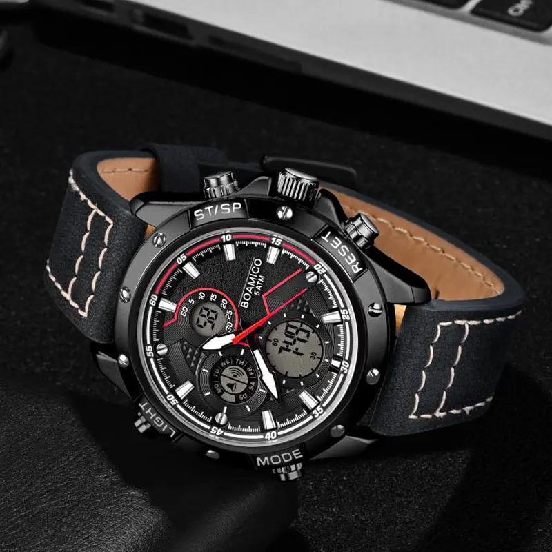 BOAMIGO Mens Watches Top Brand Luxury Military Digital Quartz Watch Leather Waterproof Sport Chronograph Wrist Watch