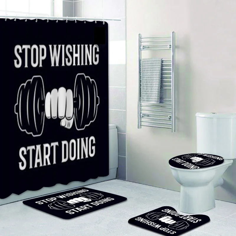 Sport Inspiring Workout and Fitness Gym Motivation Quote Shower Curtain with Bath Mats Set Dumbbell Training Bathroom Toilet Rug