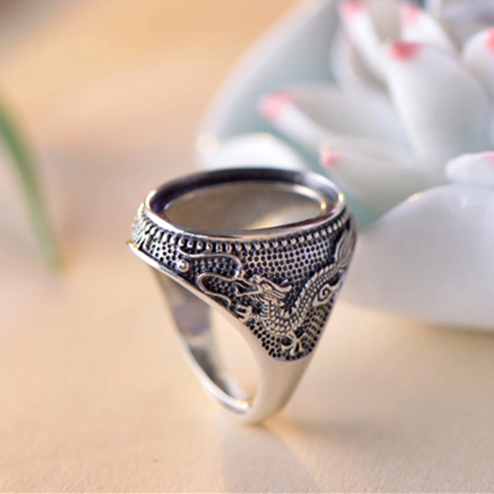 Adjustable Thai Sterling Silver Men's Ring Blank Cabochon Ring Setting with Dragon Carved (15x20mm Oval Blank) R145B