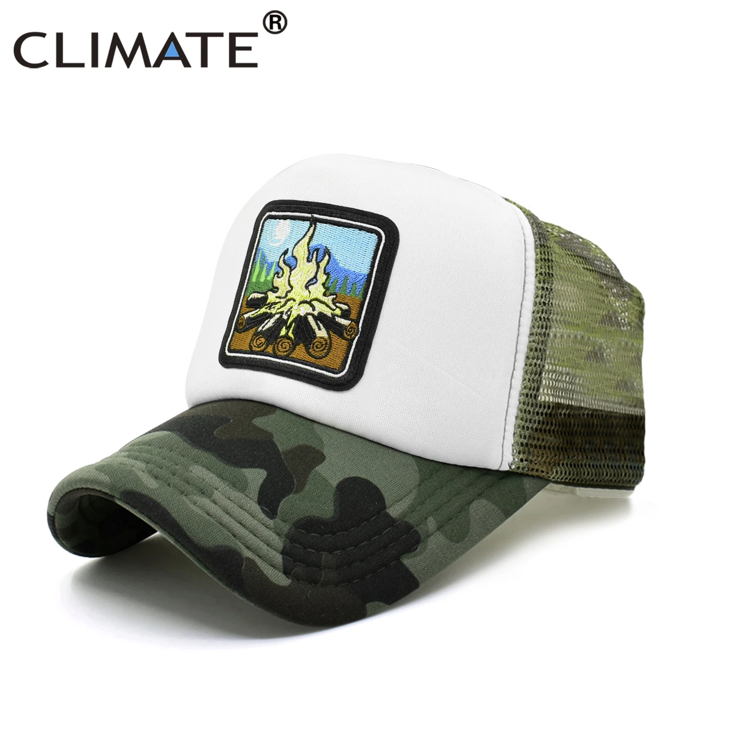 CLIMATE Camper Camping Campfire Trucker Cap Hiking Camouflage Cap for Outdoor  Baseball Cap Summer Camp Cool Mesh Caps Men