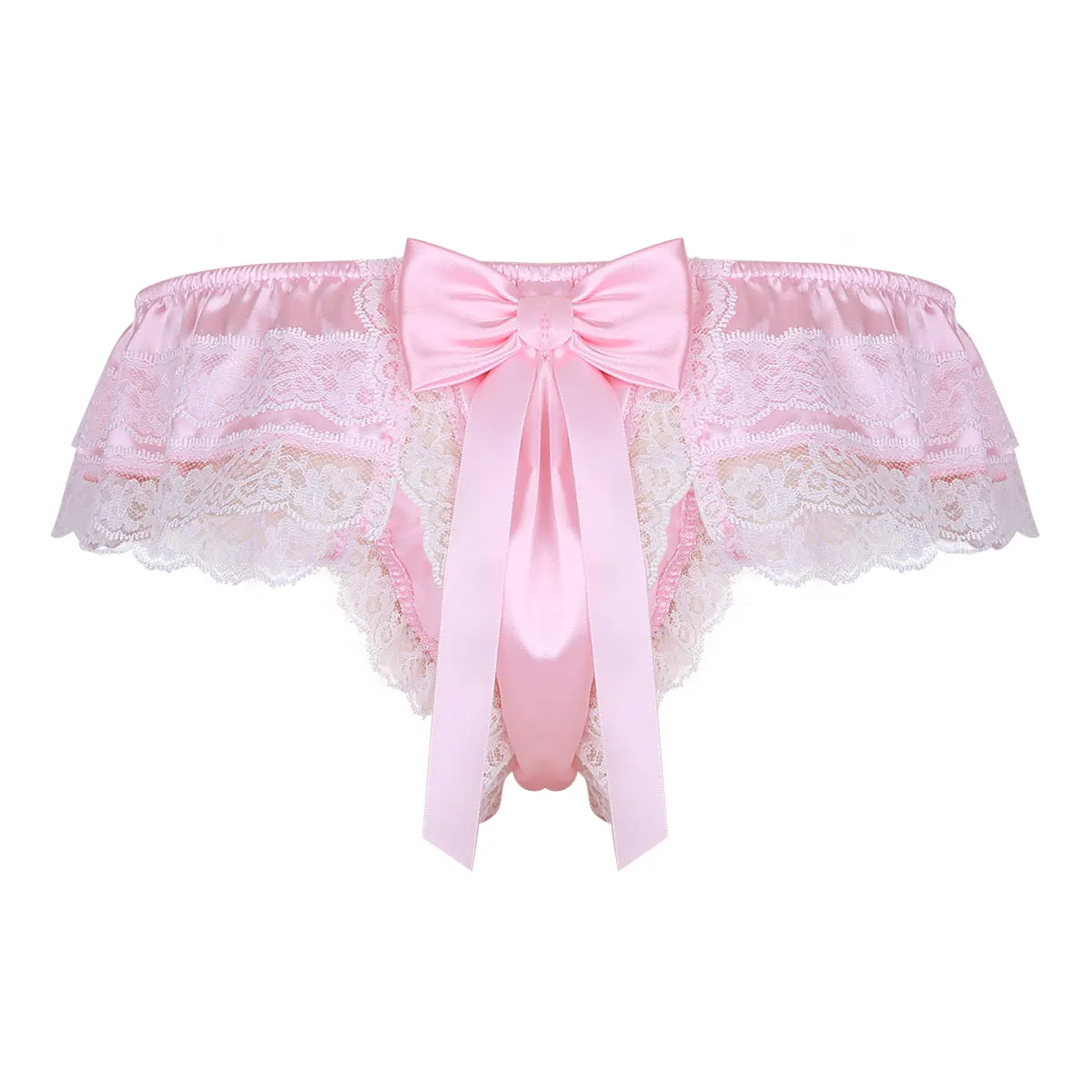 

Sexy Gay Mens Briefs Thong Panties Lace Bow Ruffled Frilly Satin Sissy Crossdress Lingerie Soft G-strings Underwear Underpants
