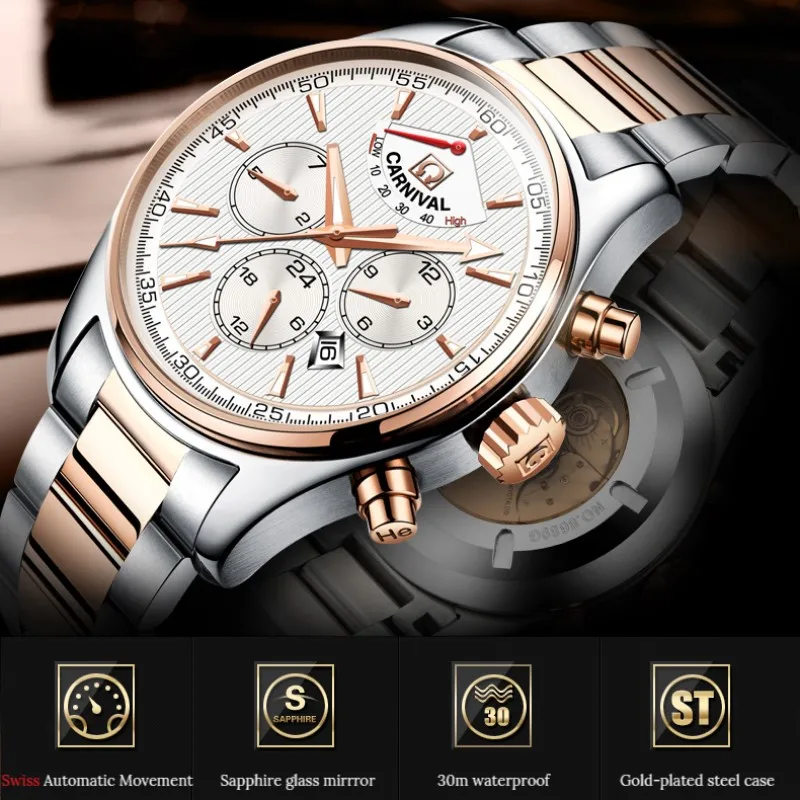 Montre homme High end Japan MIYOTA Automatic Watch CARNIVAL Mechanical Watch Men Sapphire Calendar Energy Display Sport Watches