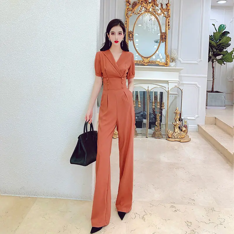 

2021 Summer Notched Collar Jumpsuits Elegant Office Ladies Solid Color Long Rompers Casual Short Sleeve High Waist Jumpsuit