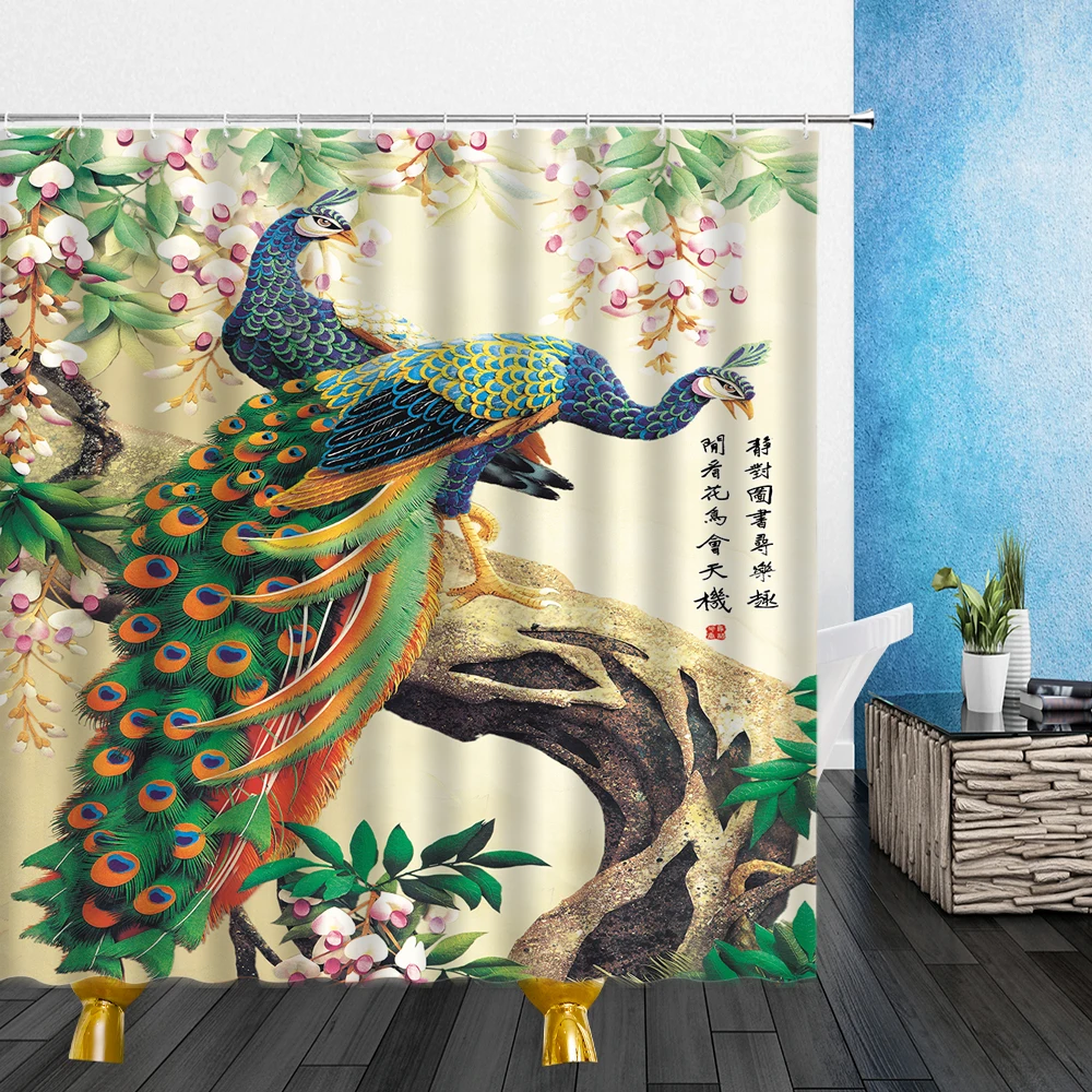 Bestselling 3D Flowers Animal Bird Print Chinese Style Shower Curtain Set Hook Peacock Peony Home Decoration Bathroom Curtains