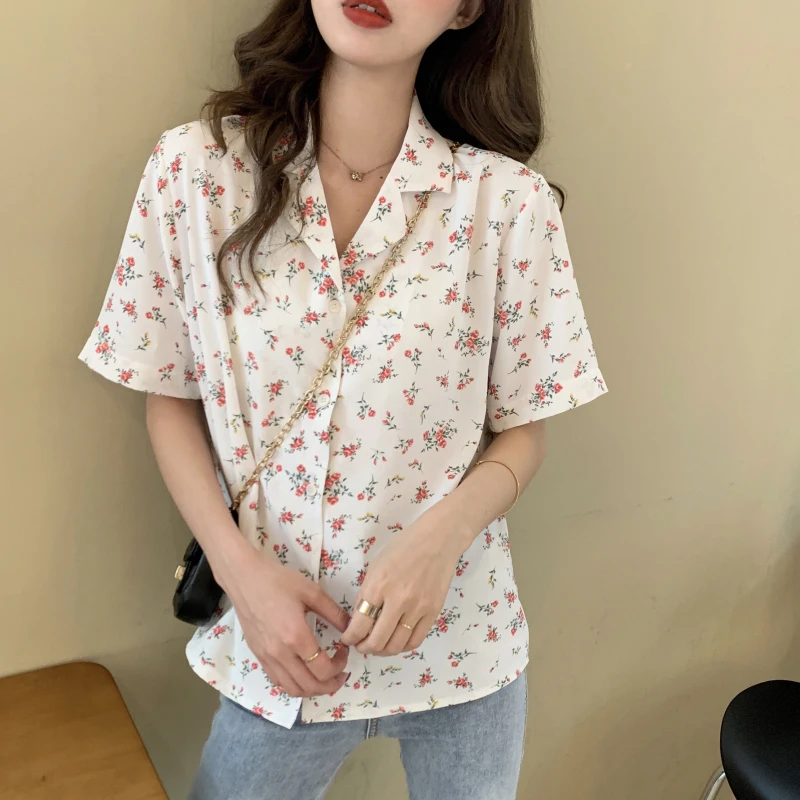 Shirts Women Summer Elegant Vintage Floral Printed Simple Office Ladies Daily Stylish Single Breasted Leisure Chic Ins All-match