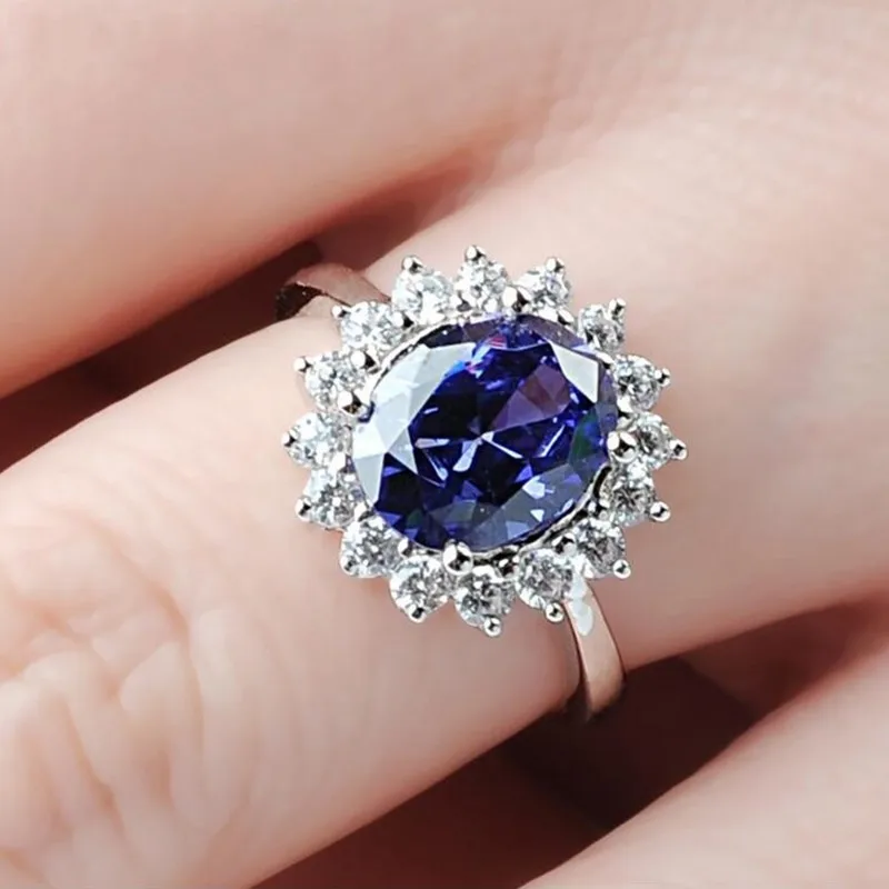 925 Sterling Silver Princess Diana William Kate Middleton\'s Created Blue Sapphire Engagement wedding Ring for Women jewelry