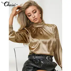 2023 Fashion Women's Satin Blouses Celmia Elegant High Collar Tunic Tops Luxury Solid Silky Shirts Lantern Sleeve Blusas Femme
