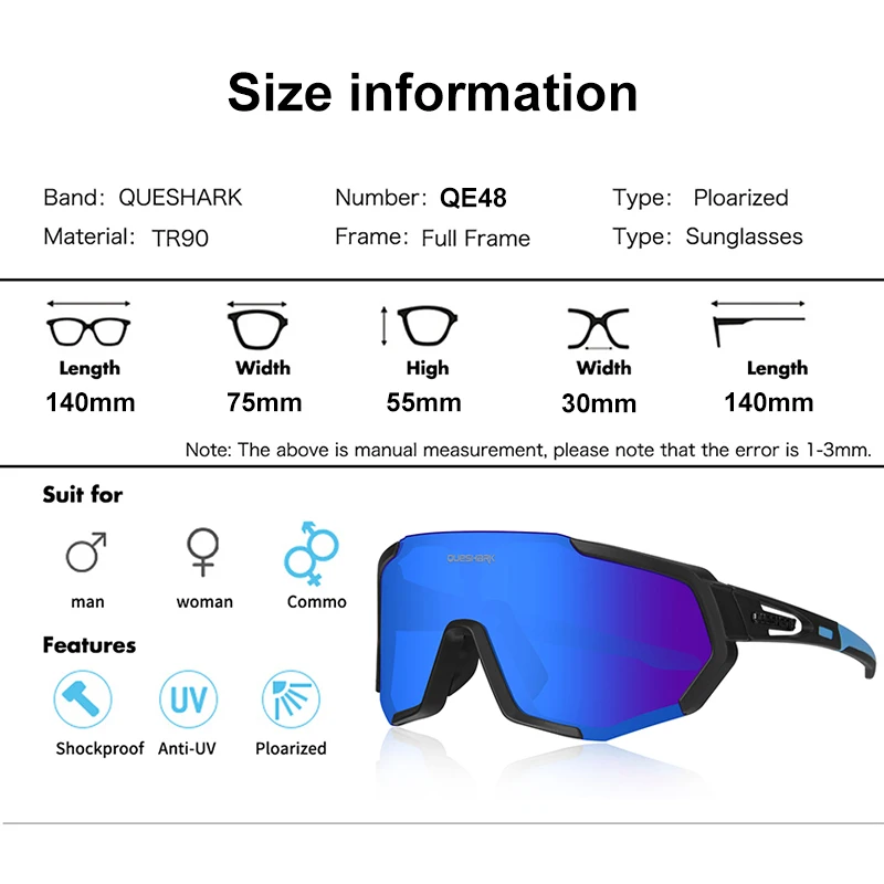 QUESHARK Women Men Polarized Cycling Sunglasses Sports MTB Bicycle Eyewear Riding Road Bike Glasses Goggles 3 Lens Set QE48