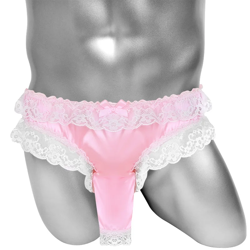 Sissy Panties With Open Penis Sheath Mens Sexy Lingerie Softy Shiny Satin Lace Floral Frilly Male Briefs Underwear