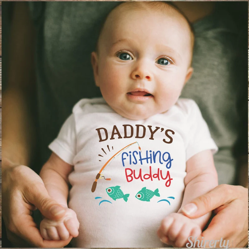 Cotton Newborn Baby Boy Girl Short Sleeve Romper Letter Print Daddy\'s Fishing Buddy Romper Outfits Summer Baby Clothes White