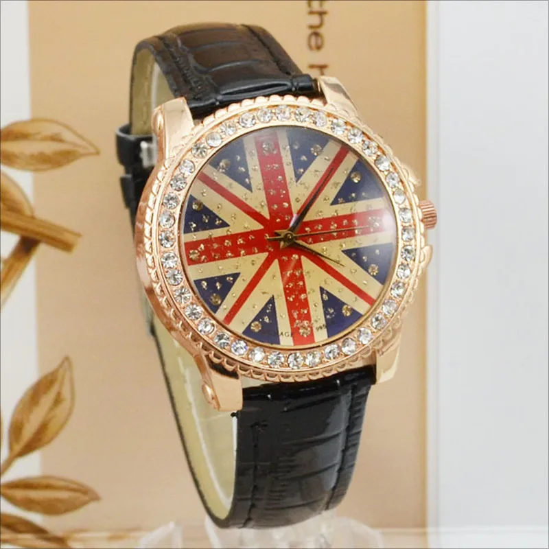 

British Style British Flag Watch WOMAGE Women Fashion Watches Crystal Watches Women Leather Quartz Watches relogios feminino