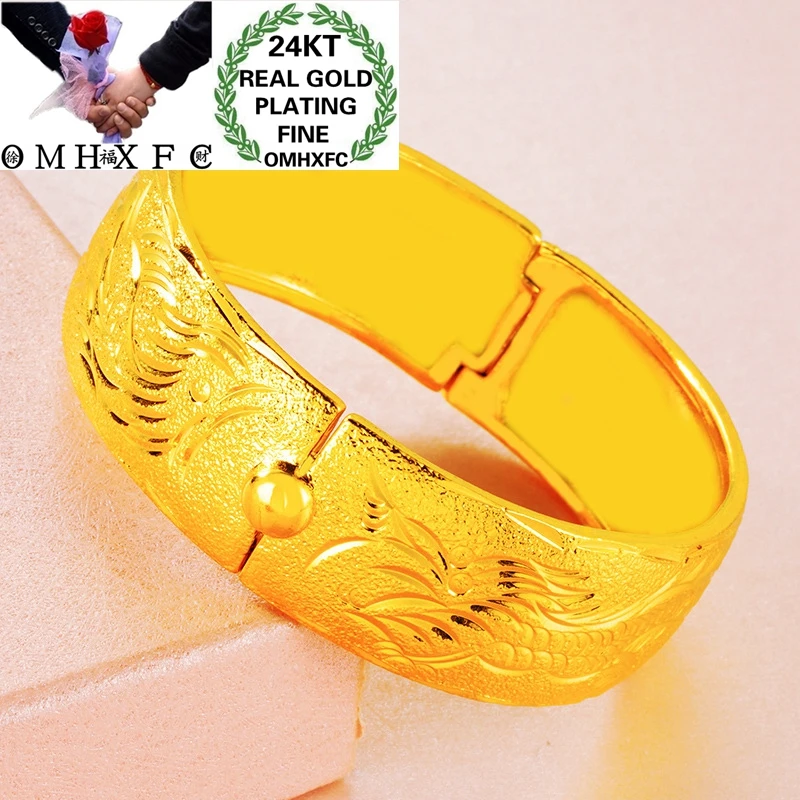 

OMHXFC Wholesale BE435 European Fashion Bride Party Birthday Wedding Gift Vintage Dragon Phoenix Wide 24KT Gold Bracelet Bangle