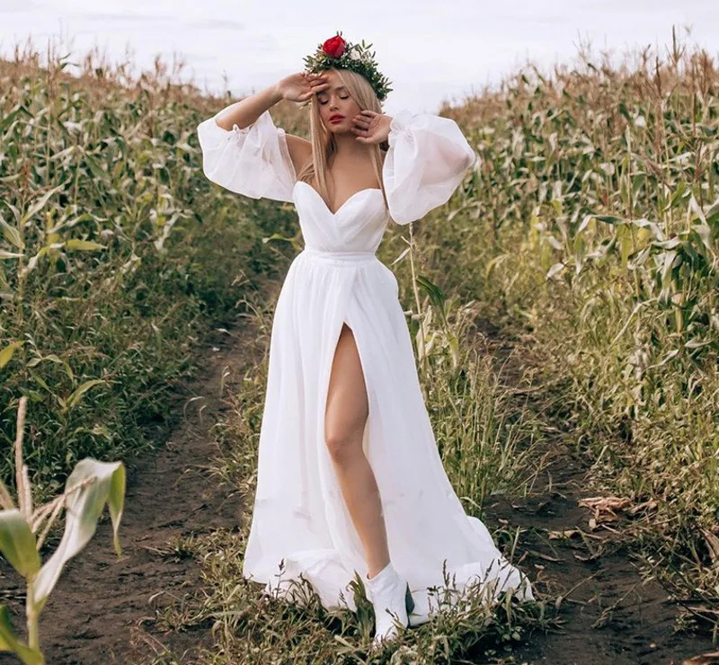 Robe De mariée bohème Simple en mousseline De soie, épaules dénudées, manches longues bouffantes, fente latérale