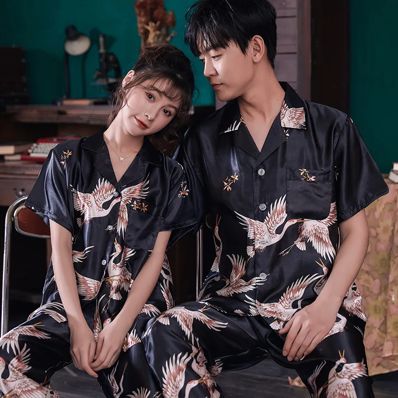 Satin Summer Couple Sleepwear Suit Men Women Comfortable Pajamas Set Daily Sweet Nightwear Romantic Lovers Casual Pyjama Crane