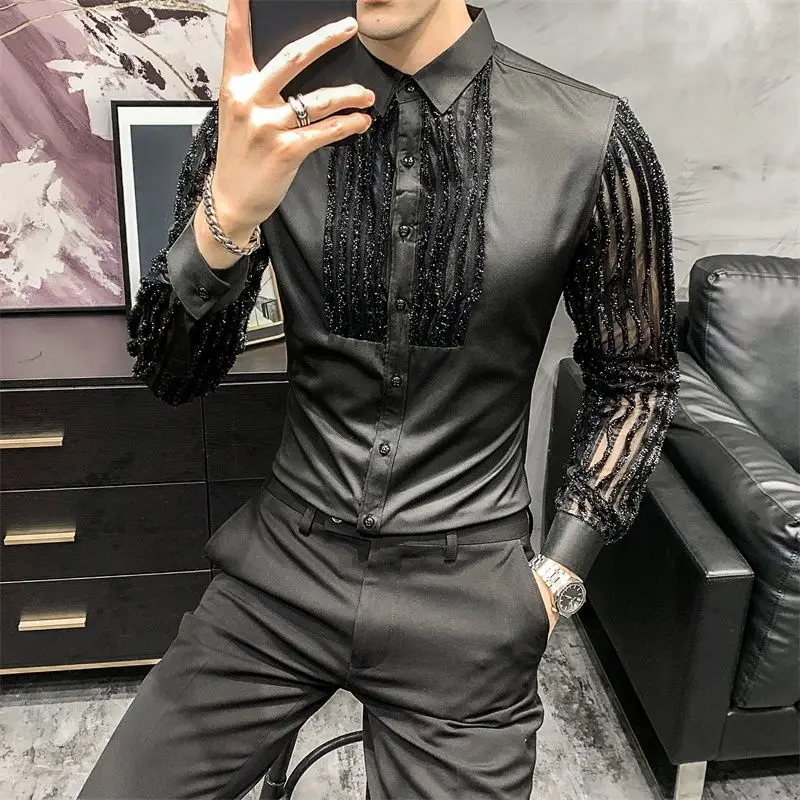 Sexy Tassels Groomsman Shirt Long Sleeve Lace Party Bar Casual Spring Autumn Outdoor Collared Dance Korean Men Blouses