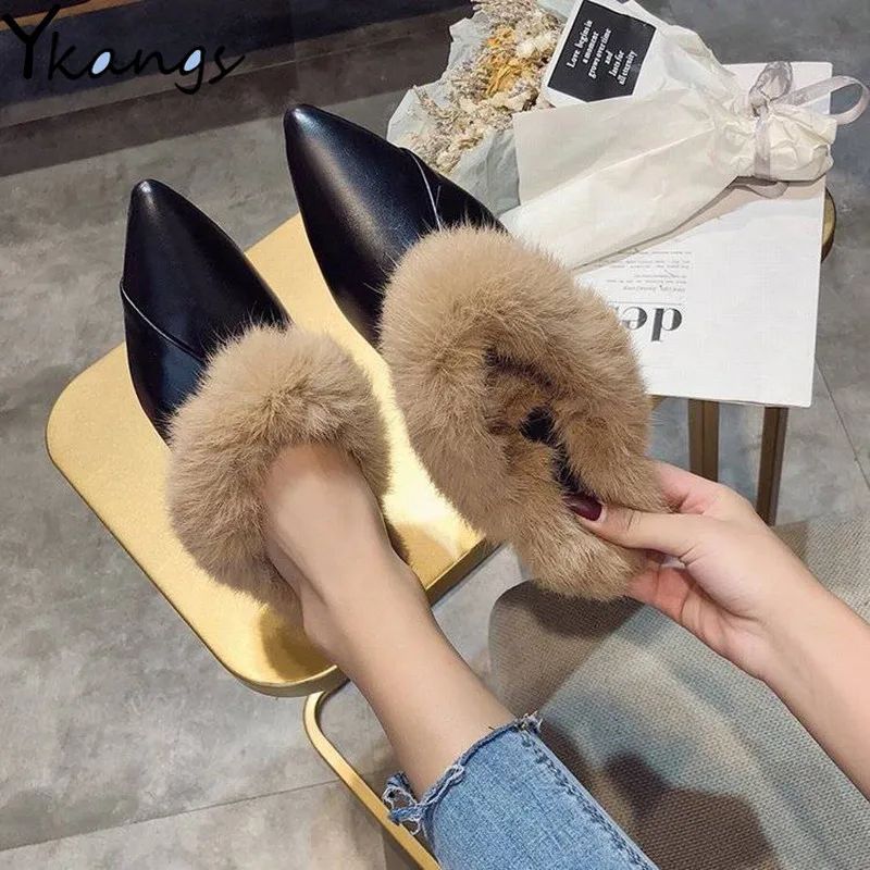 Winter Warm Real Rabbit Fur Slippers Mules Pointed Toe Elegant 2020 Women\'s Autumn New Furry Slides Flip Flops Office Work Shose