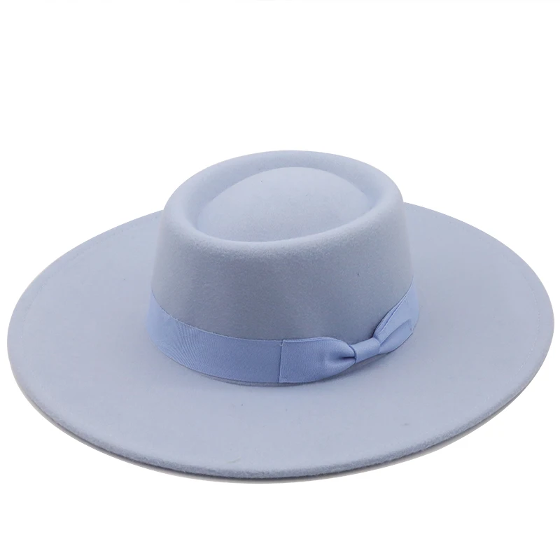 The new ring-shaped flat-top wool felt big eaves Bowler hat ladies spring and autumn and winter fashion flat-top woolen hat