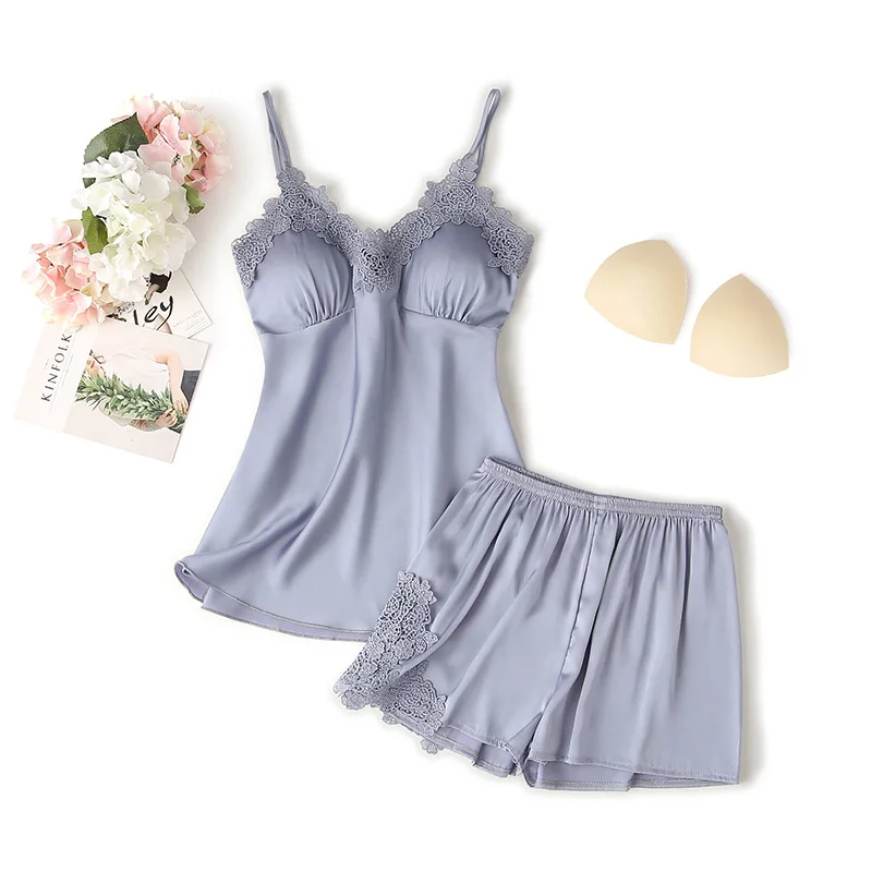 Women Lace Flower Trim 2PCS Women Pajamas Set Sexy Strap Top&Shorts With Bra Sleepwear Summer New Casual Solid Satin Nightwear