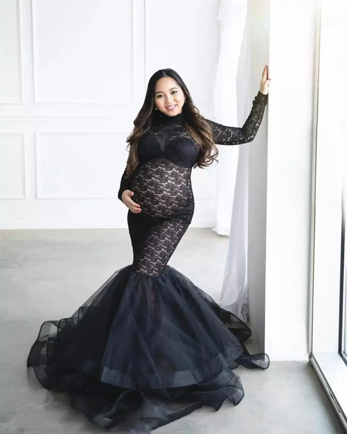 Robe Maxi en Dentelle Noire à Col Roulé pour Femme Enceinte, Tenue de Grossesse à Manches sulfpour Séance Photo