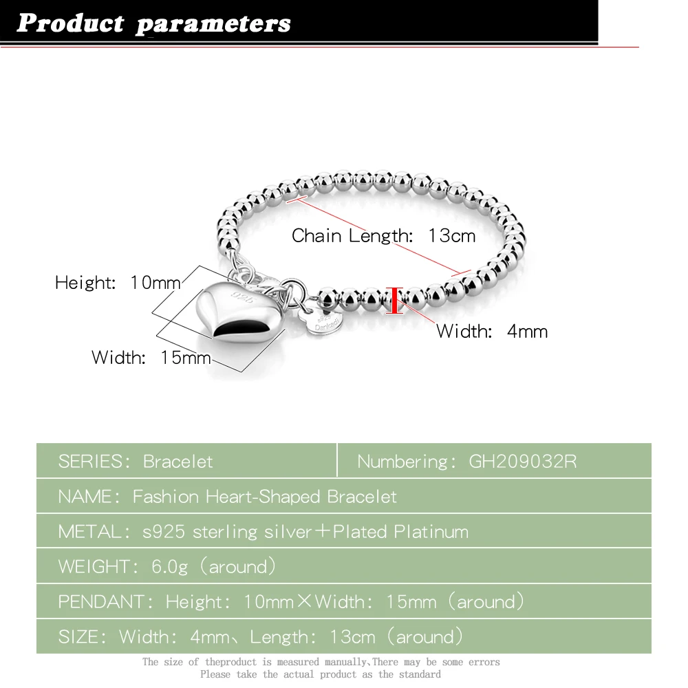 High Quality Simple Ball Bead Bracelet 100% 925 Sterling Silver Heart  Bangle Fashion Woman Girl 15cm/20cm Chain Jewelry