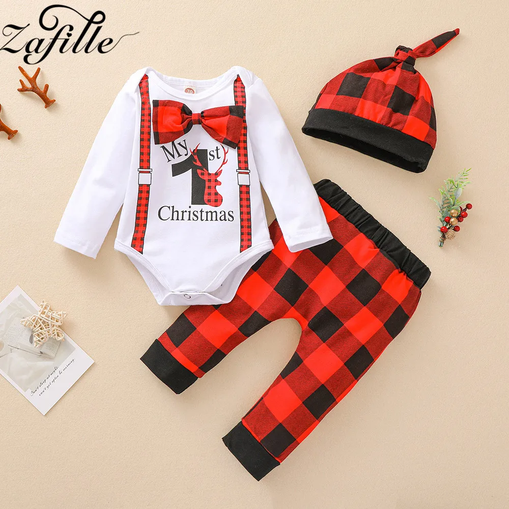 ZAFILLE My First Christmas Outfits For Baby Boy Clothes Set and Hat Xmas Deer Romper+Plaid Pants Baby Boy Christmas Costume