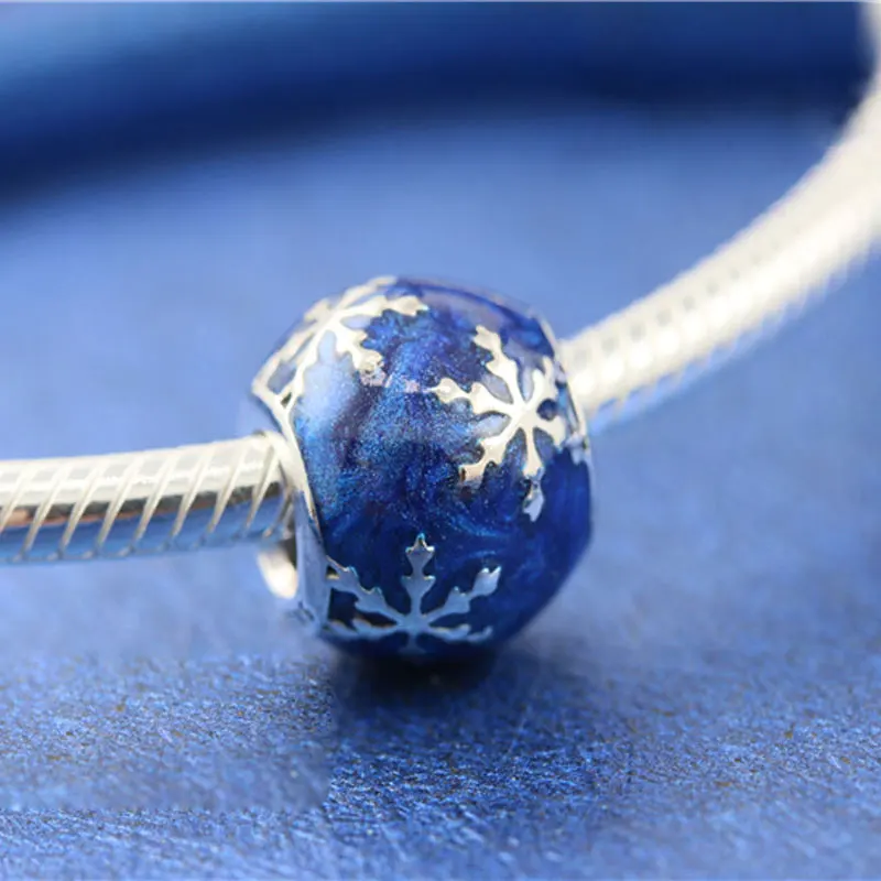 925 Sterling Silver Wintry Delight Midnight Blue Enamel Charm Bead Fits All European Pandora Jewelry Bracelets Necklaces