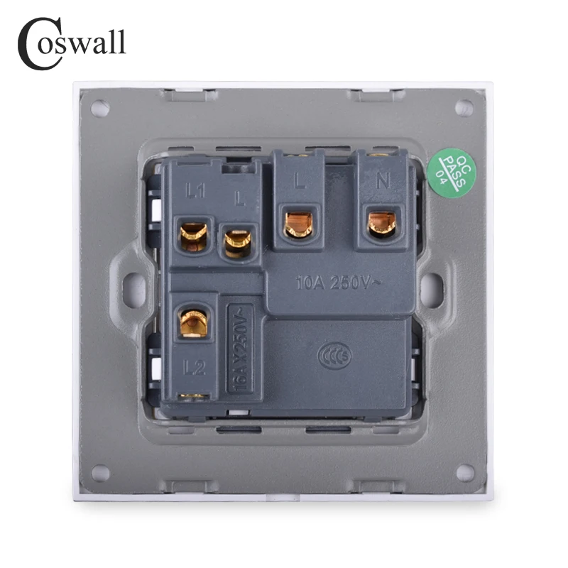 COSWALL 2 Hole Universal Wall Socket With 1 Gang 2 Way Pass Through On / Off Stair Rocker Light Switch Switched Glass Panel